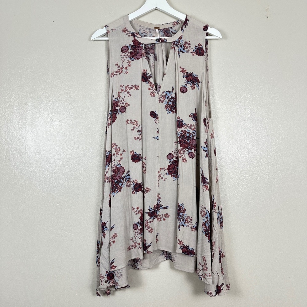 Free People Women's S Tunic Top Beige Floral Rayon Keyhole High Low OB413273